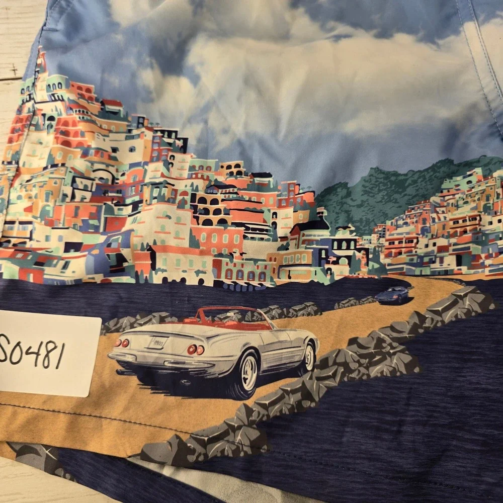 Peter Millar Seaside Mens Blue Coastal Village Scenic Print Swim Trunks Size M